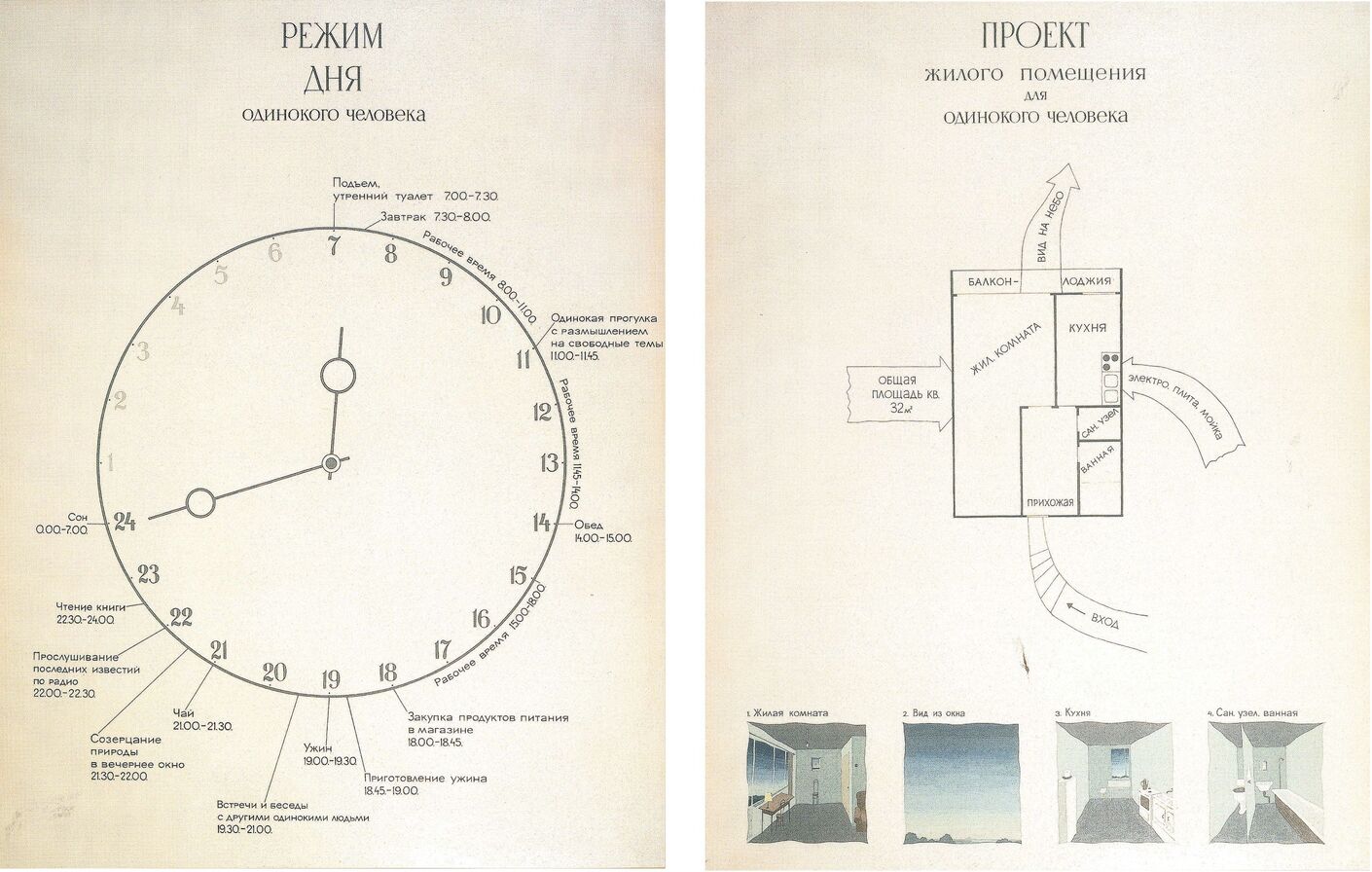Виктор Пивоваров, «Режим дня одинокого человека» и «Проект жилого помещения для одинокого человека», 1975